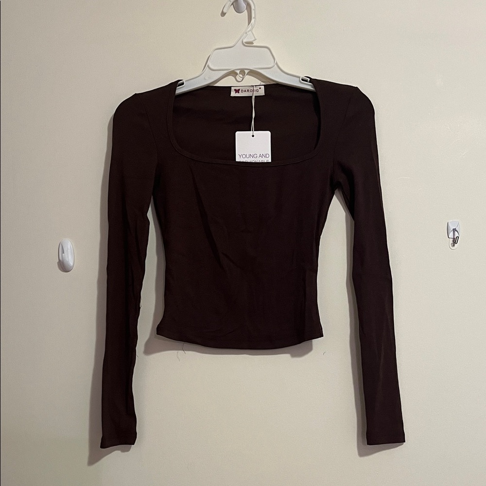 Women's Long-Sleeve Square Neck Top in Dark Brown